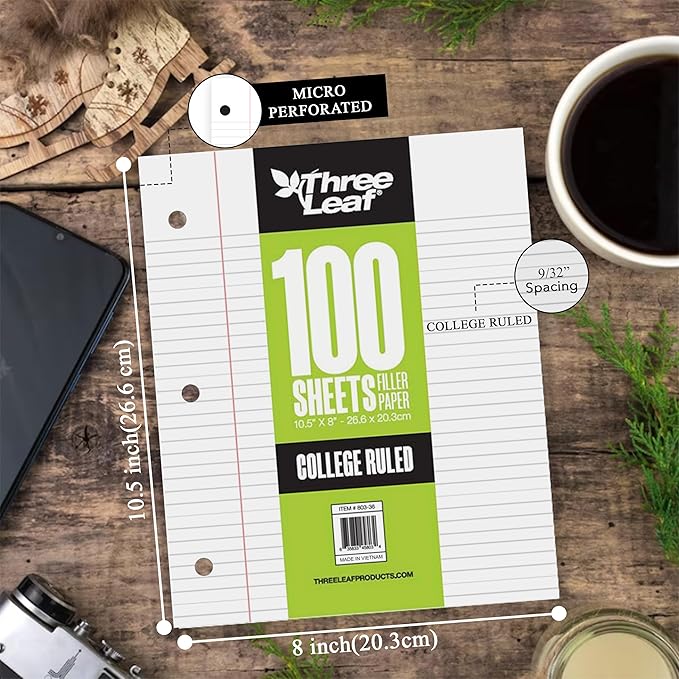 Three Leaf 100 Sheets College Ruled Filler Paper, 2880 Ct. (80 Cases X 36 Filler Paper), Loose-Leaf Sheets For School And Office