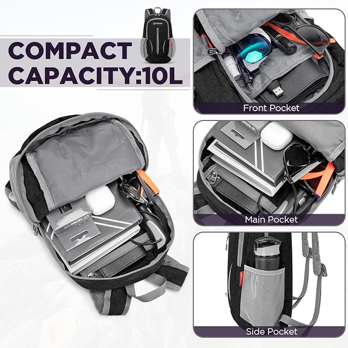 ZOMAKE Lightweight Packable Backpack, 10L Small Foldable Daypack for Hiking | Water Resistant Collapsible Backpacks for Women Men, Everyday Carry, Multi Compartment Storage, Adjustable Strap(Black A3)
