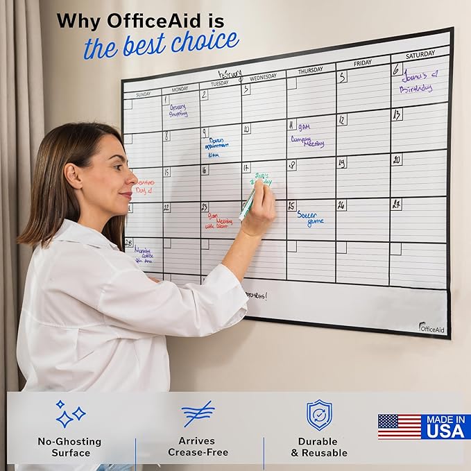Large Dry Erase Calendar for Wall 24x36, Giant Family Office Big Reusable, Monthly Planner Erasable Month, Rolled Whiteboard White Board, 36x24 Calendar Dry Erase for Undated Wall Large Classroom