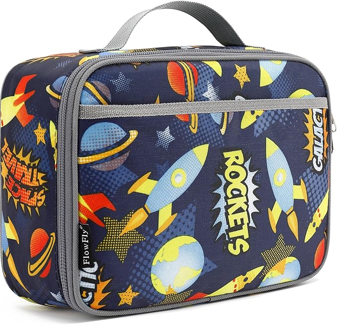 FlowFly Kids Lunch box Insulated Soft Bag Mini Cooler Back to School Thermal Meal Tote Kit for Girls, Boys, Outer Space Rocket Ships in Dark Navy Blue