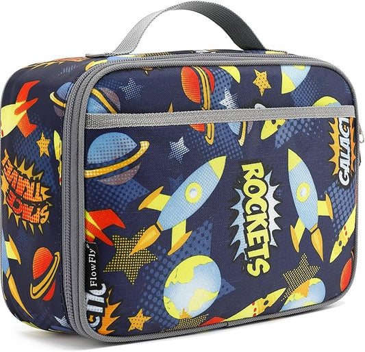 FlowFly Kids Lunch box Insulated Soft Bag Mini Cooler Back to School Thermal Meal Tote Kit for Girls, Boys, Outer Space Rocket Ships in Dark Navy Blue