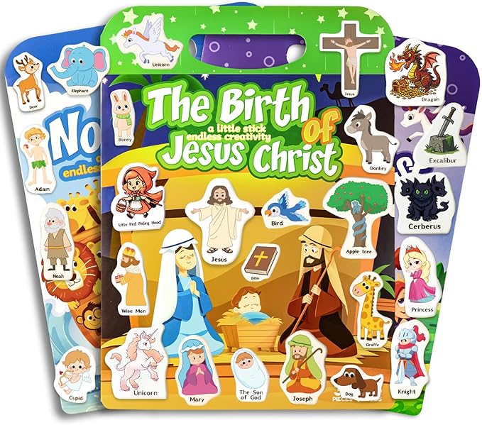 Reusable Sticker Books for Toddlers 1-3, Puffy Stickers Book for Kids Ages 2-4, Toddler Travel Activities Book Toy for Birthday Christmas - Christianity Jesus, Noah's Ark, Fairy Tales(3 Set)