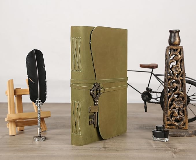 Leather Journal with Deckle Edge Paper 8x6 inch and Vintage Key | Handmade Writing Notebook Diary | Bound Daily Notepad for Men & Women Medium, Sketch/Writing pad for Artists