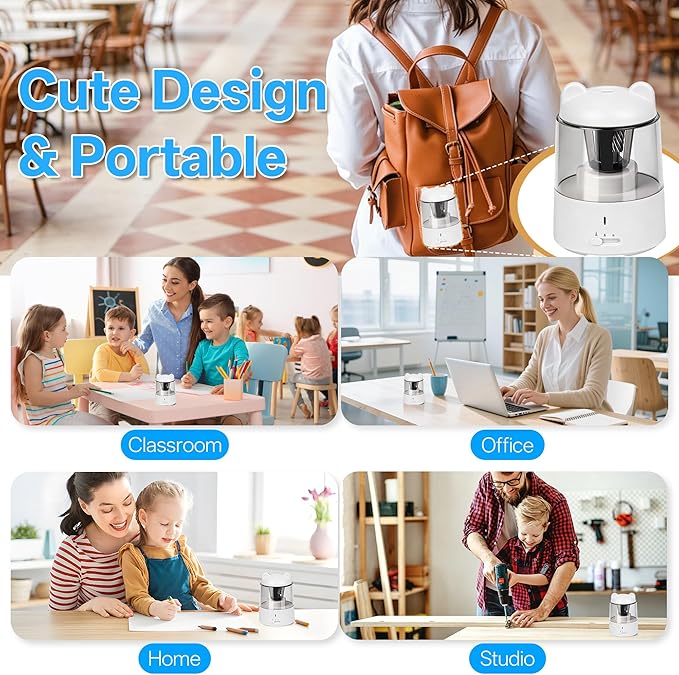 Electric Pencil Sharpener, Auto Stop Fast Sharpen in 3s, Battery Powered Pencil Sharpeners for No.2 & 6-8mm Colored Pencils, Cute Rechargeable Pencil Sharpener for Classroom/Office/Home (White)