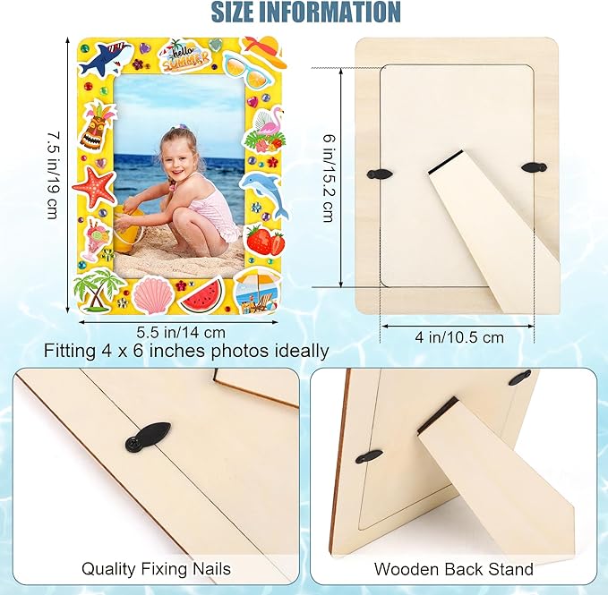Fovths 6 Packs Summer Picture Frame Painting Craft Kit with 50 Stickers Rhinestone Stickers Painting Tools Set 2 Brushes for DIY Kids Crafts Decorate