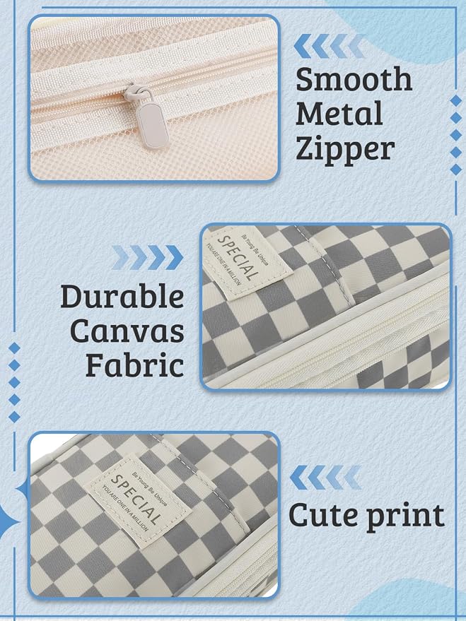 Bigmeta Gingham Expandable Pencil Case for Teens Girls - Light Gray | Zipper Gusset for Adjustable Capacity, Checkered Cute Pencil Pouch, Stationery Bag Box for Student Back to School Gifts
