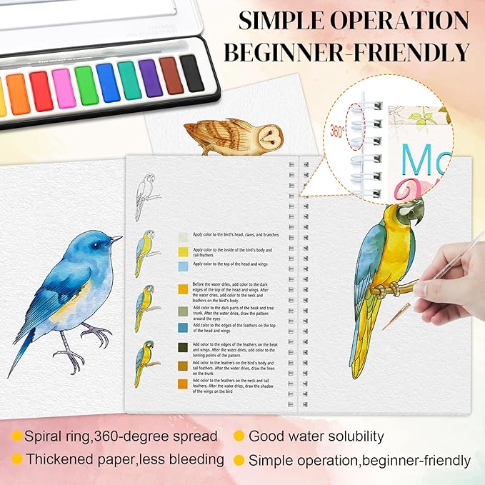 2-Pack Beginner Watercolor Workbooks: 24 Coloring Pages + 12 Watercolor Paints + Brush – 300gsm/140lb Paper – Gift for Women, Adults & Beginners (Birds & Flower)