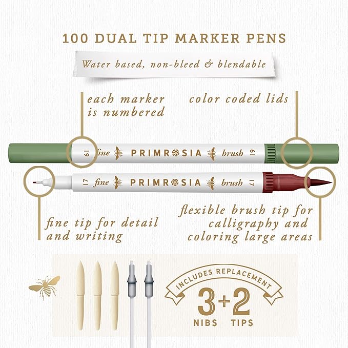 PRIMROSIA 100 Dual Tip Marker Pens, Fineliner and Watercolor Brush Pens for Art Sketching Illustration Calligraphy or Journals Drawing Coloring