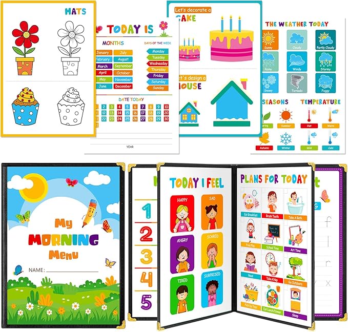 Fuyoooo Homeschool Morning Menu Kit for Preschool Learning – 16 Educational Posters & 2 Menu Covers for Toddlers and Kids, Daily Learning Activities for Homeschool Classroom(Rainbow Color)