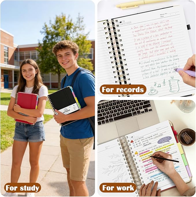 3 Packs Hardcover Spiral Notebook, B5 Journal with Removable Dividers Tabs, 5 Subject Notebook College Ruled, 200 Pages 8"x10" Leather Notebooks for Work School Study, Lined Journal for Women(Red/Blue/Black)