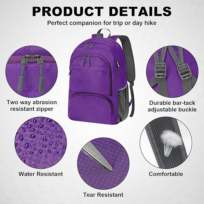 HOLYLUCK 20L Lightweight Packable Hiking Daypack Foldable Backpack for Men Women Small Travel Outdoor Foldable Shoulder Bag-purple