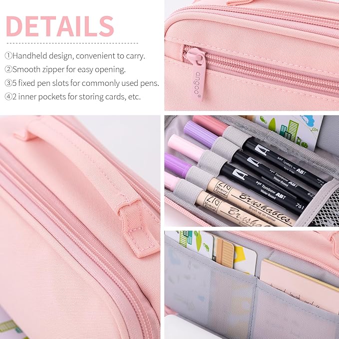 EASTHILL Large Capacity Pencil Case Pen Pouch Organizer Canvas Pencil Bag with Handle School Supplies for Teen Girls-Pink