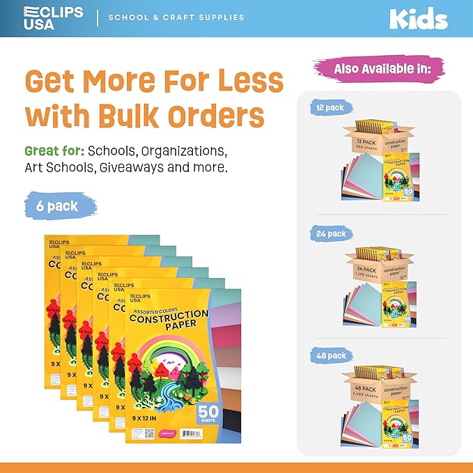 Construction Paper Bulk (300 Sheets) 9 x 12 Construction Paper for Kids Color Art Paper Assorted Colors 50 Sheets Per Pack (6 Pack)