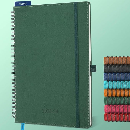 Planner 2025-2026 Daily Weekly and Monthly,11.5"x8.5",18 Months Spiral Bound Calendar Agenda with Self-adhesive Pen Holder,2026 Academic Plan with Vegan Leather Soft Cover,Green