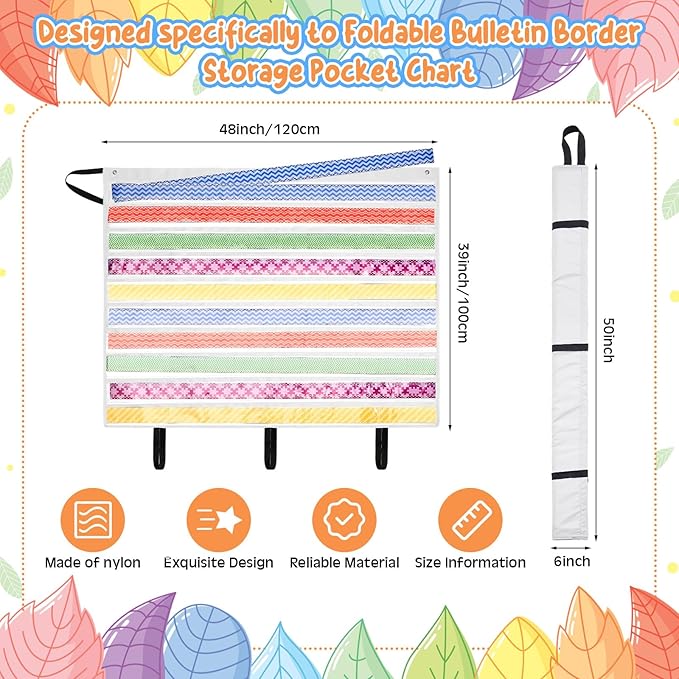 Sinload 48 x 39 inch Bulletin Board Border Storage, Foldable Border Storage Pocket Chart, Classroom Organizer with Pockets for Teacher (White)