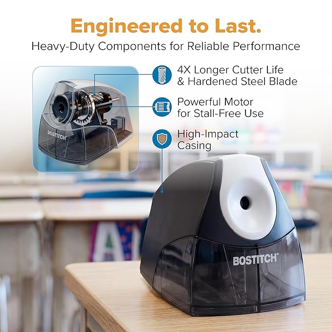 Bostitch Office Electric Pencil Sharpener for Classroom & Desk Use, Heavy-Duty Stall-Free Motor, High-Capacity Shavings Tray, Black