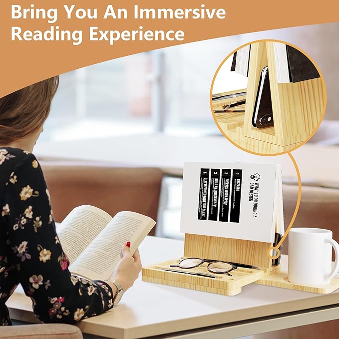 Triangle Book Holder Stand, Wooden Book Nook Reading Valet, Book Rest with Cup, Glasses & Pen Holder, Book Display Stand for Reading in Bed, Coffee and Book Lovers (Yellow)