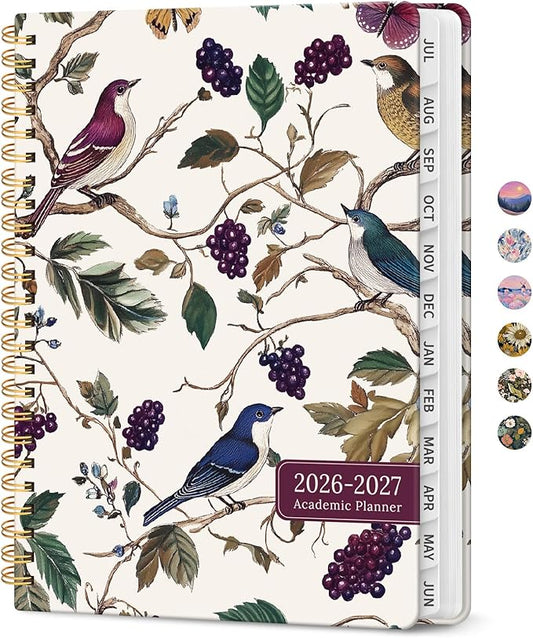 Planner 2026–2027, Academic Monthly Weekly Spiral Calendar, July 2026 – June 2027, Hardcover Agenda Notebook with Tabs, 6.3" x 8.5", Perfect for Students, Teachers, School & Daily Planning - Vineyard Birds