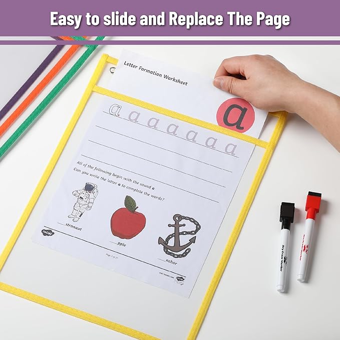 Mr. Pen- Reusable Dry Erase Pocket Sleeves, 10" x 14", 6 Pack, Multicolored Border, Clear Plastic Paper Sleeves, Ticket Holders, Clear Plastic Sheet Protectors, Teacher, School, Classroom Supplies