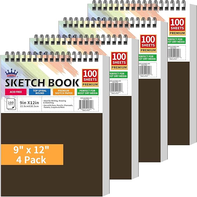 WINNER 9" x 12" Sketch Book 4 Pack, 400 Sheets Spiral Bound Art Sketchbook, 68lb/100gsm White Acid Free Drawing Pad, Sketching Drawing Writing Sketch Pad for Kids, Adults & Artists, Art Supplies