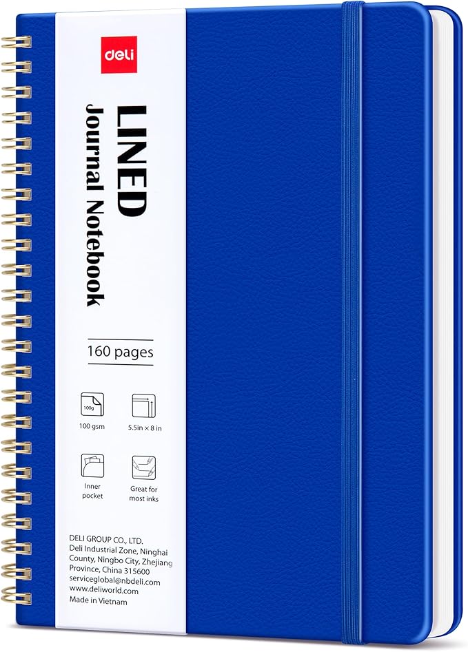 deli Navy Blue Lined Spiral Journal Notebook, 160 Pages, A5 (5.5"x8") Hardcover Writing Notebook, College Ruled Spiral Bound Journal for Women & Men - Perfect for Work, School, Office & Note Taking