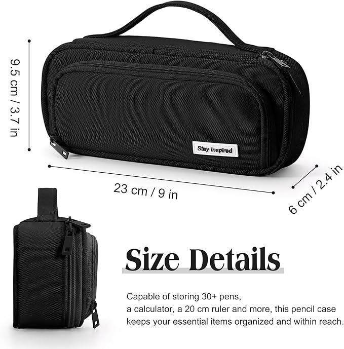 Ralnitote Large Pencil Case for Girls and Boys, Aesthetic Pencil Case Organizer with Handle, Cute Pencil Pouch for School & Office Supplies-Black