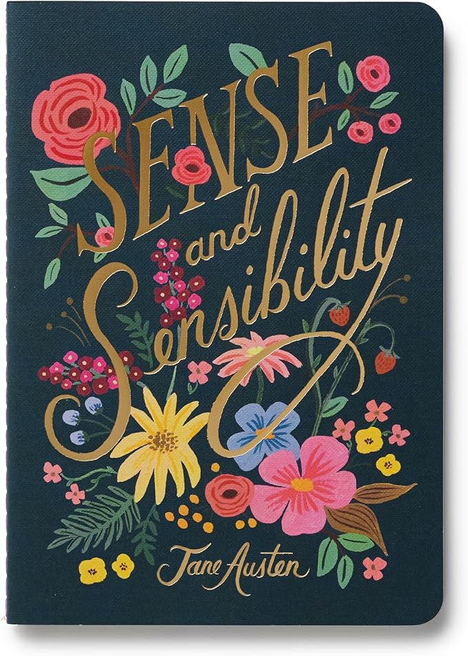 RIFLE PAPER CO. Assorted Set of 3 Jane Austen Notebooks, 8.5" L x 6" W, Set Of 3, 64 Ruled Pages With Gold Ink, Full-Color Die-Cut Canvas Cover With White Text Paper Interior