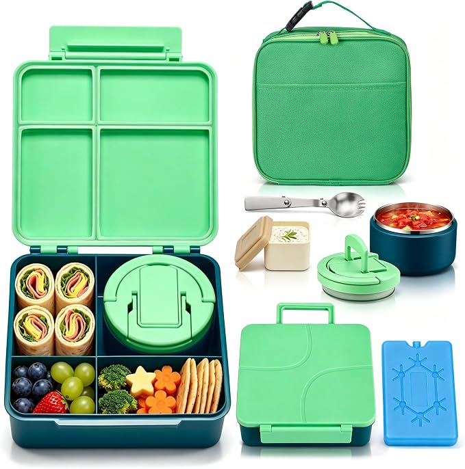Bento Lunch Box with 8oz Soup Thermo,Kids Leakproof 4 Compartment Lunch Food Containers with Sauce Cup and Ice Pack,Kids Thermo Insulated Hot Food Jar and Lunch Bag for School,Trvael-Green