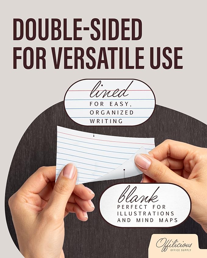 OFFILICIOUS Ruled Index Cards 3x5 — Durable Blank Cards Bulk for Writing Recipes, Notes & Flash Cards for Studying — 100 No Bleed-Through White Double-Sided Notecards 3x5 Lined & Blank