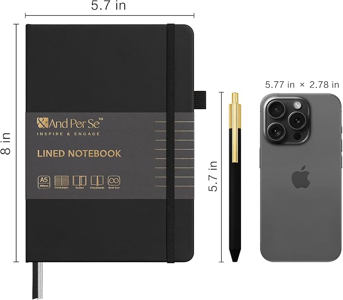 &And Per Se Lined Journal and Pen Set, A5 Leather Hardcover Notebook with Pen & Stationary Set, 160 Pages 100GSM Thick Ruled Paper Journal for Business Work Writing (Black)