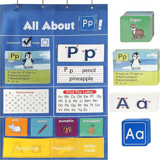 Alphabet Learning Pocket Chart, 41 * 28 Inch All About Letter Pocket Chart, ABC Letter Tracing & Sound Recognition Activity Wall Chart for Toddlers, Preschool & Homeschool Classroom Must Haves