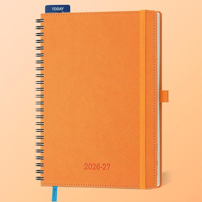 Planner 2026-2027 Daily Weekly and Monthly,8.5"x6.5",18 Months Spiral Bound Calendar Agenda with Self-adhesive Pen Holder,2026 Academic Plan with Vegan Leather Soft Cover,Orange