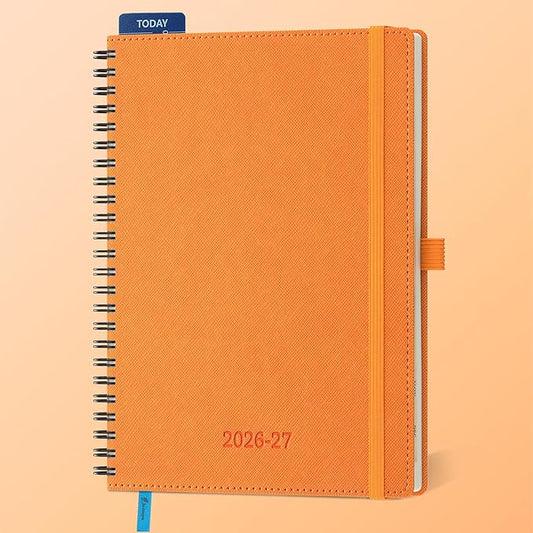 Planner 2026-2027 Daily Weekly and Monthly,8.5"x6.5",18 Months Spiral Bound Calendar Agenda with Self-adhesive Pen Holder,2026 Academic Plan with Vegan Leather Soft Cover,Orange