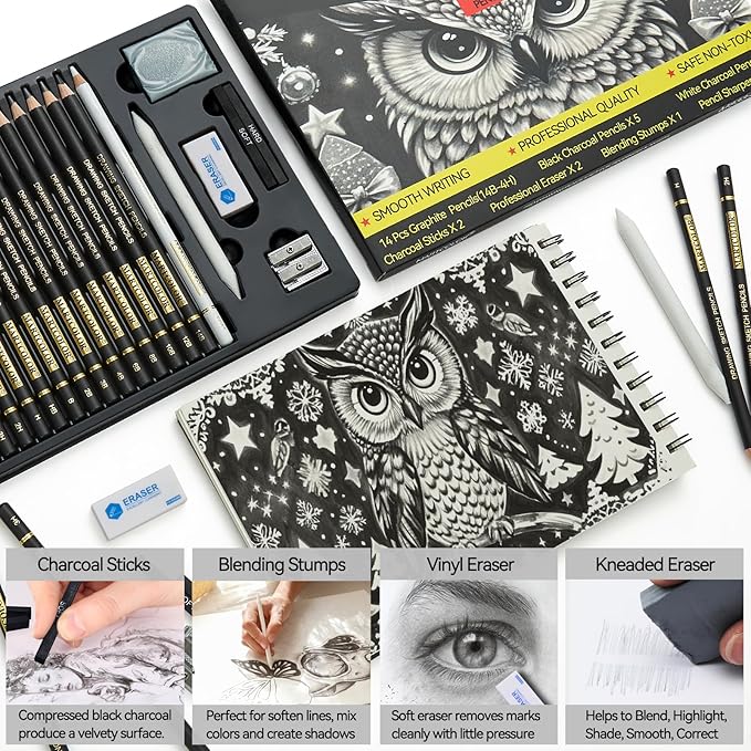 MARTCOLOR Drawing Sketching Pencil Set, 26 Pieces, Graphite Pencils (14B-4H), Charcoal Pencils, Charcoal Sticks, Blending Stump, Eraser, Sharpeners, Artist Pencils for Beginners & Pro Artists