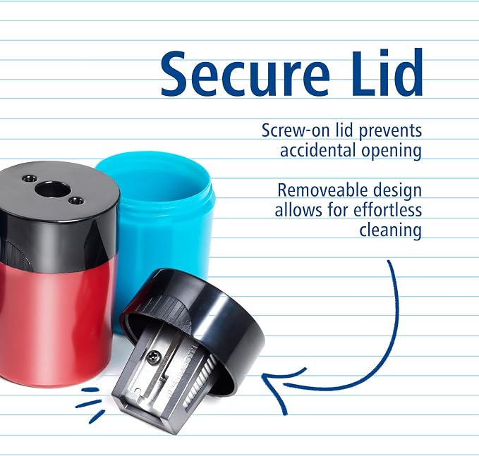 STAEDTLER Pencil Sharpener (1 Pack) with Screw Lid and Tub - No Spill Compact Design for Standard and Colored Pencils, Metal Blade, Assorted Colors
