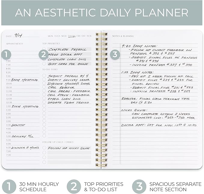 Beautiful Daily Planner And Notebook With Hourly Schedule - Aesthetic Spiral To do List Notepad to Easily Organize Your Tasks And Appointments - Stylish Book And School Or Office Supplies