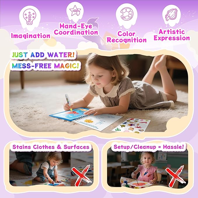 Reusable Water Coloring Books for Toddlers 1-3 with 18+ Stickers & No-Mess Pen, Sea World Theme Water Coloring Books for Toddlers 1-3, Magic Paintless Painting Book for Toddler，Paintless Painting Book