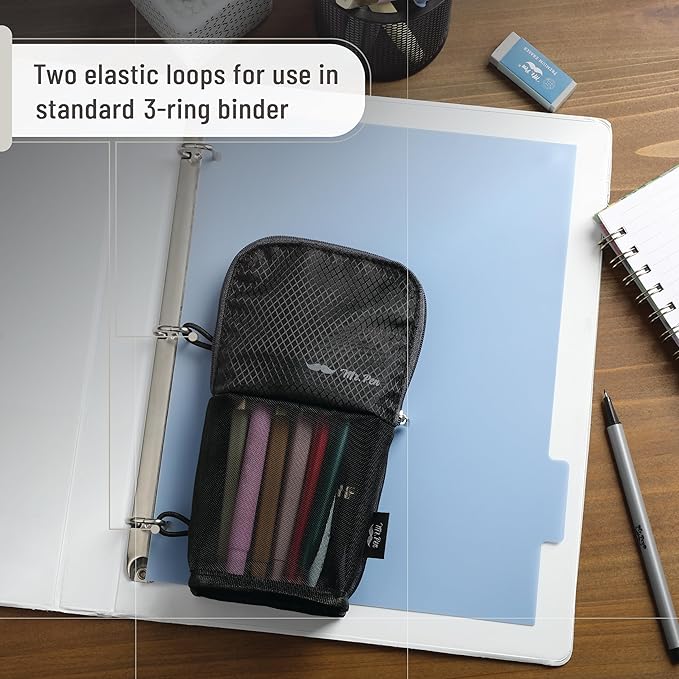 Mr. Pen- Standing Pencil Case Pouch, Sit & Lay Mesh-View Design, Black with Gray Zipper, Interior Pocket & 2 Elastic Binder Loops, Cute Pencil Case for Girls and Boys