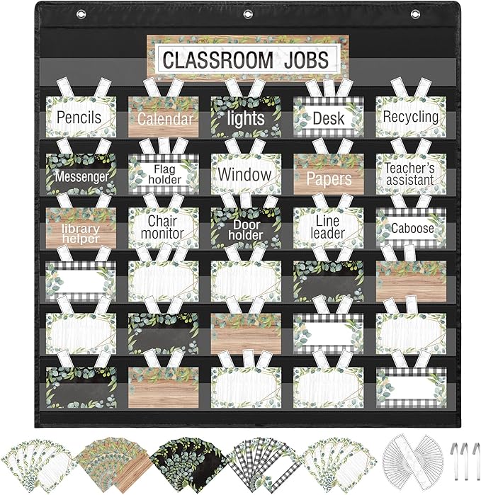 Qeeenar Classroom Jobs Pocket Chart with 96 Cards and 3 Hooks Class Management Educational Schedule for Teacher Back to School Supplies(Plant)