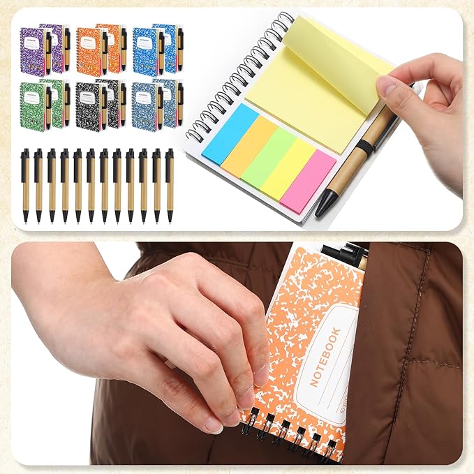 Dunzoom 12 Sets Spiral Notebook Bulk, Steno Pads Lined Notepad with Pen, Sticky Notes Colored Index Tabs, 5.2" x 4.1" Pocket Notebook for Home Business Office Supplies, 60 Sheets (Multicolor)