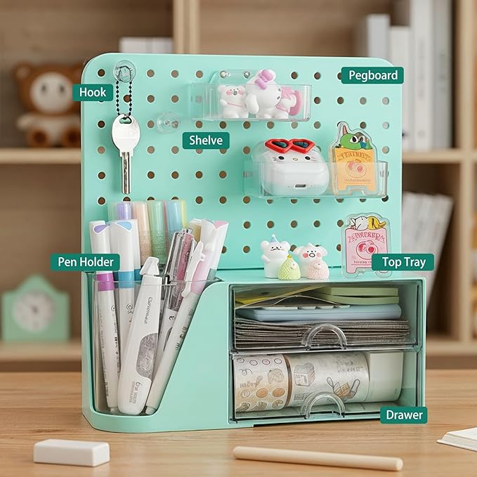 Comix Desk Organizer with Drawer, 360° Rotating Pen Holder for Desk, Pen Organizer with 5 Slots Pencil Holder+Pegboard+2 Drawer for Office Home Art Supplies (Green)