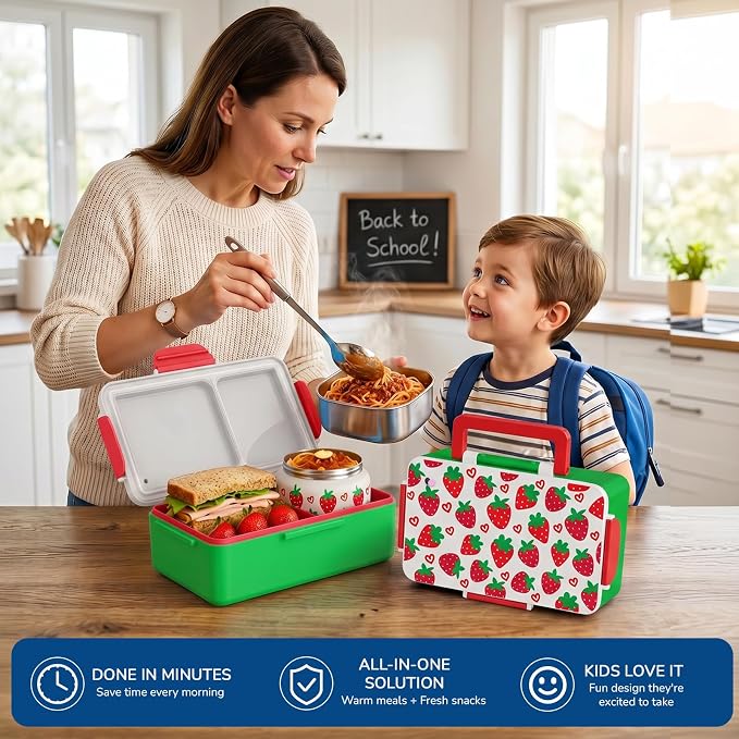 Bento Lunch Box for Kids–3 Compartment Leak Proof Insulated Lunch Container | Strawberry Design Lunch Box-With 12oz Stainless Steel Food Soup Jar & Built-in Ice Pack Bento Box for Boy Girls School Travel