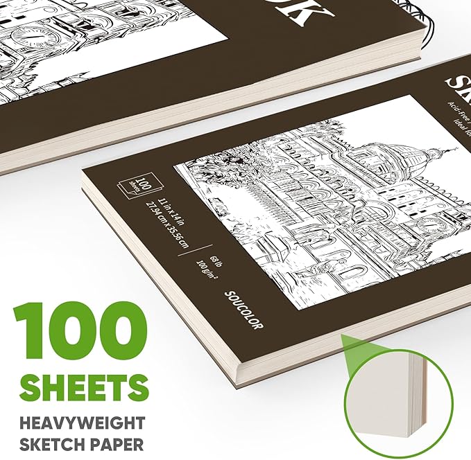 Soucolor 11" x 14" Large Sketchbook, 100 Sheets 68lb/100gsm Top Spiral Bound Sketch Book Pad, Acid Free Big Sketch Paper for Drawing, Illustration, Art Class