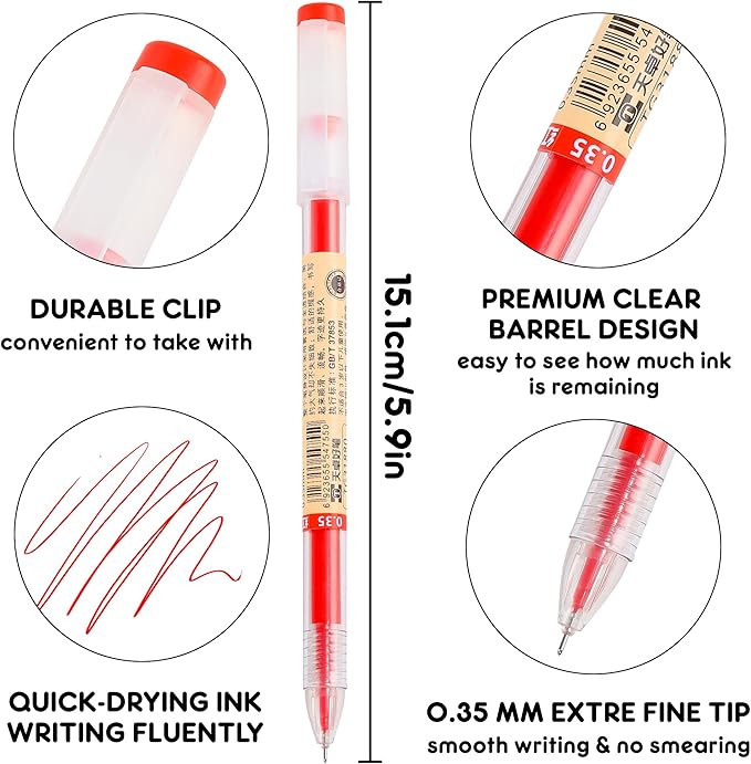 Japanese Style Red Gel Ink Pens, 0.35mm Extra Fine Point, No Smudge Quick Drying, Japanese Ink Pen for Journal Planners, Thin Notebook Paper, Office School Supplies, 24 Pack, Writing Drawing
