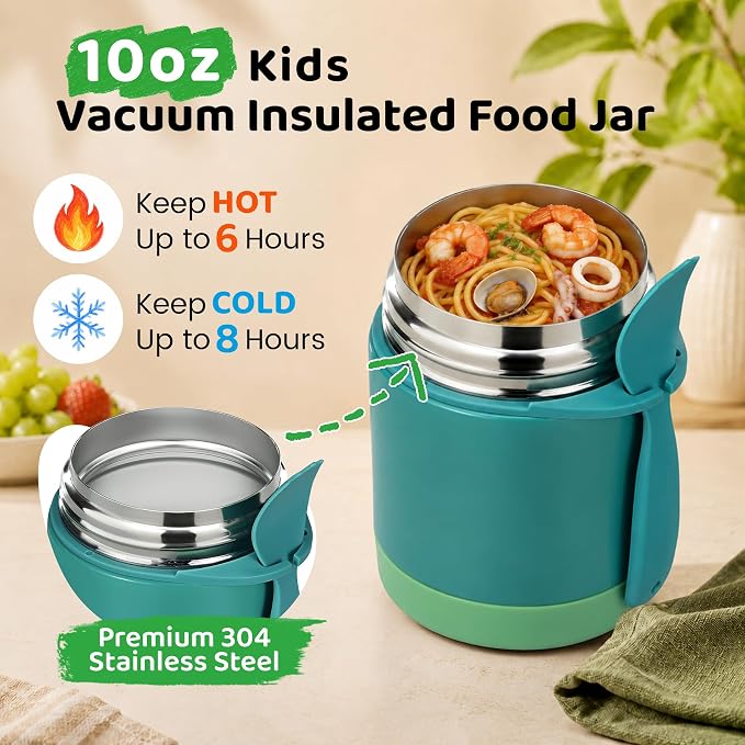 Pawtong10oz Soup Thermo for Hot Food Kids Insulated Food Jar,Thermo Hot Food Lunch Container, Width Mouth Stainless Steel Lunch Box for Kids with Spoon (Green)