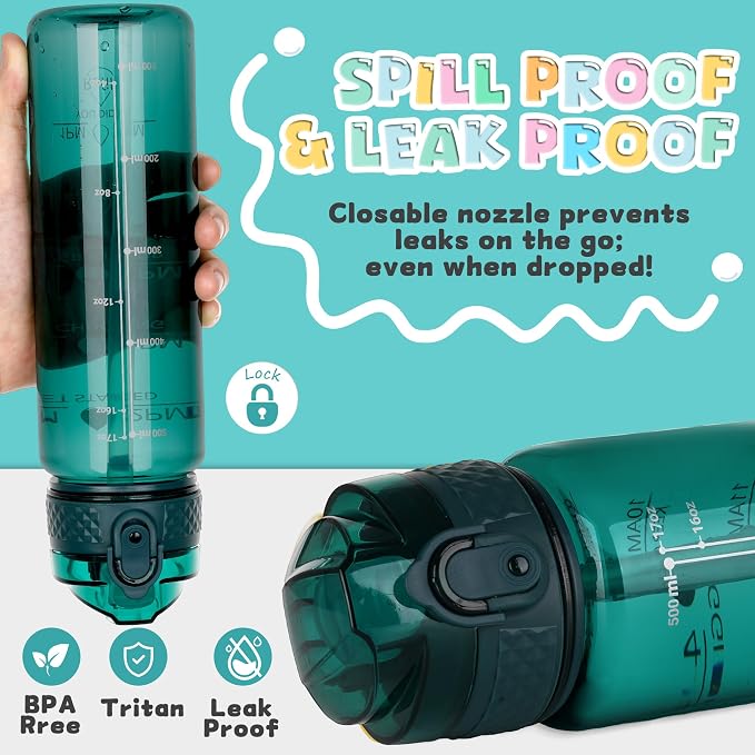 OLDLEY 17oz Kids Water Bottle, Tritan BPA-Free, Leakproof Flip Straw Lid, Motivational Time Marker, Carry Strap, Reusable Clear Water Bottle for Boys & Girls,Trout Green