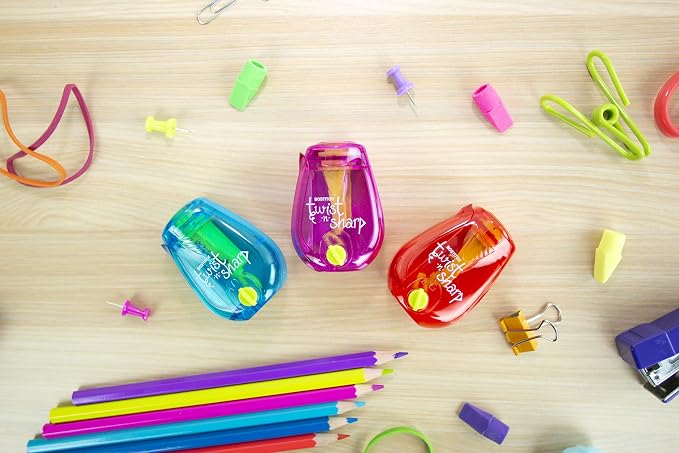 Bostitch Office Pencil Sharpener, Manual, One Assorted Color, Twist-n-Sharp, Kids, Boys, Girls, Colored Pencils, 1 Pack | 1 Assorted Color, Adjustable for fine point or blunt tip. Easy to use, twist instead of crank. Works on any standard pencil.
