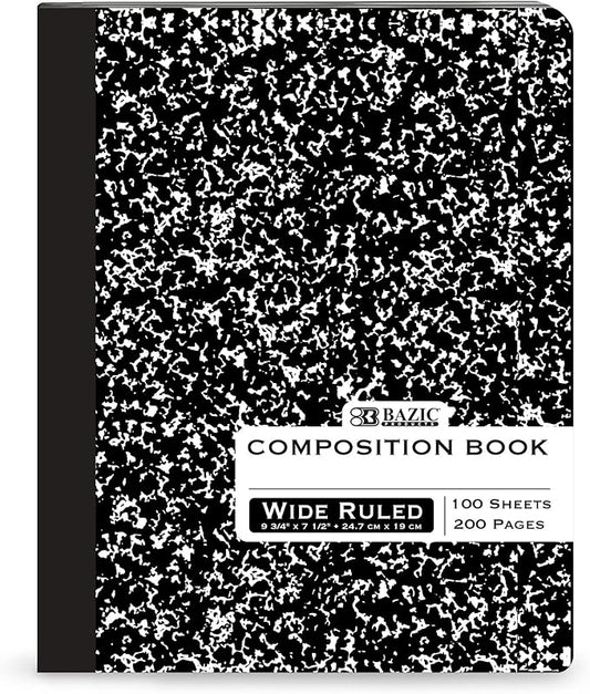 BAZIC PRODUCTS Composition Notebook Wide Ruled - 100 Sheets, Black Marble Composition Notebook with Durable Cover, Non-Spiral for Journaling, School, Home, or Office, 48-Pack