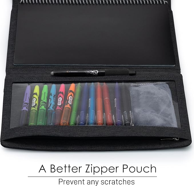 Folio Cover Compatible with Rocketbook Fusion, Panda, Everlast, Waterproof Fabric, Multi Organizer with Pen Loop, Zipper Pocket, Business Card Holder, fits A4 Size Notebook, Black