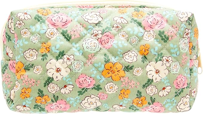 PAZIMIIK Vintage Quilted Makeup Bag Cosmetic Pouch for Brushes Pencils and Travel Make Up Accessories for Women and Girls Floral Green
